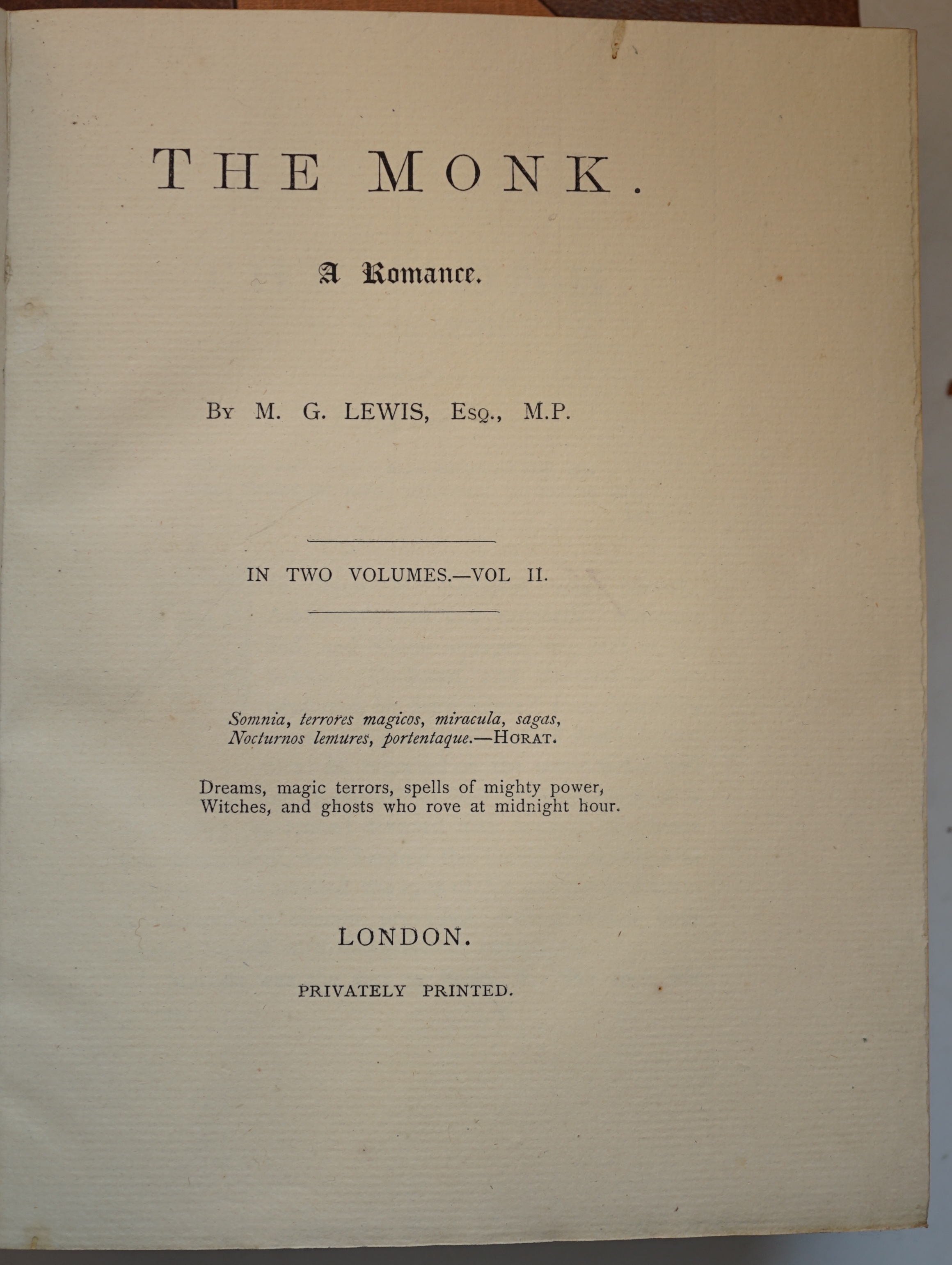 Lewis, Matthew G. - The Monk. A Romance, 2 vols, 8vo, half tan morocco, portrait frontispiece, ‘’The present edition of ‘’The Monk’’ is an unabridged reprint of the exceedingly rare first edition of the work published in